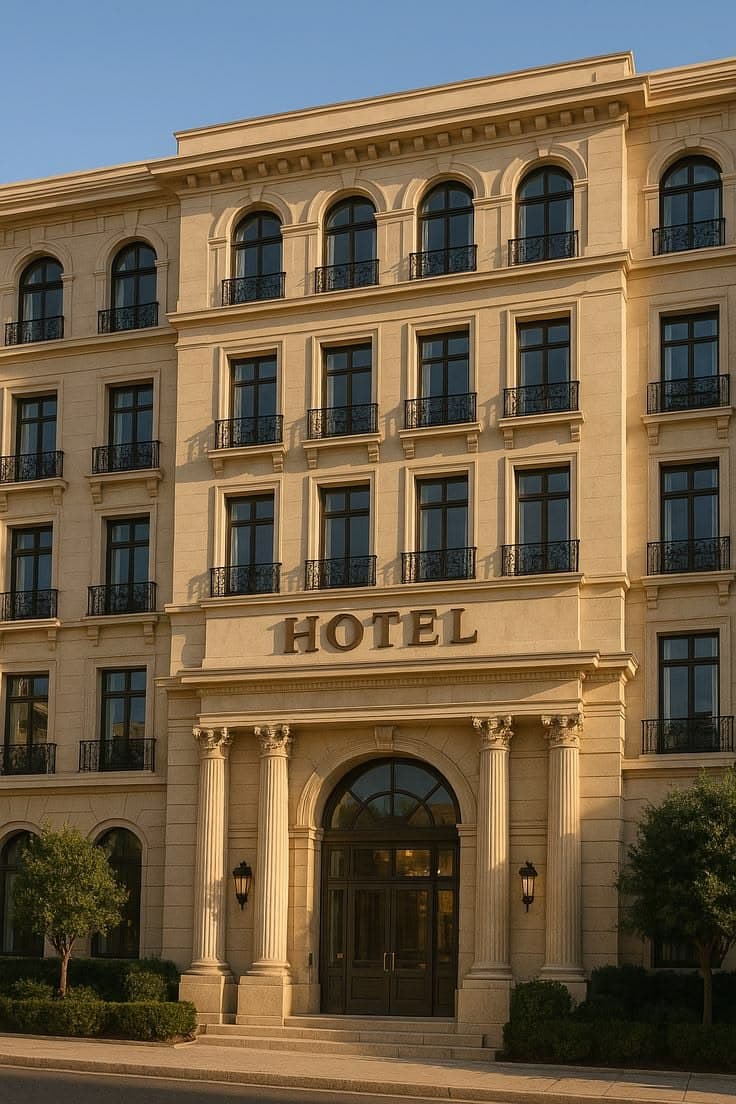 A hotel building exterior at golden hour
